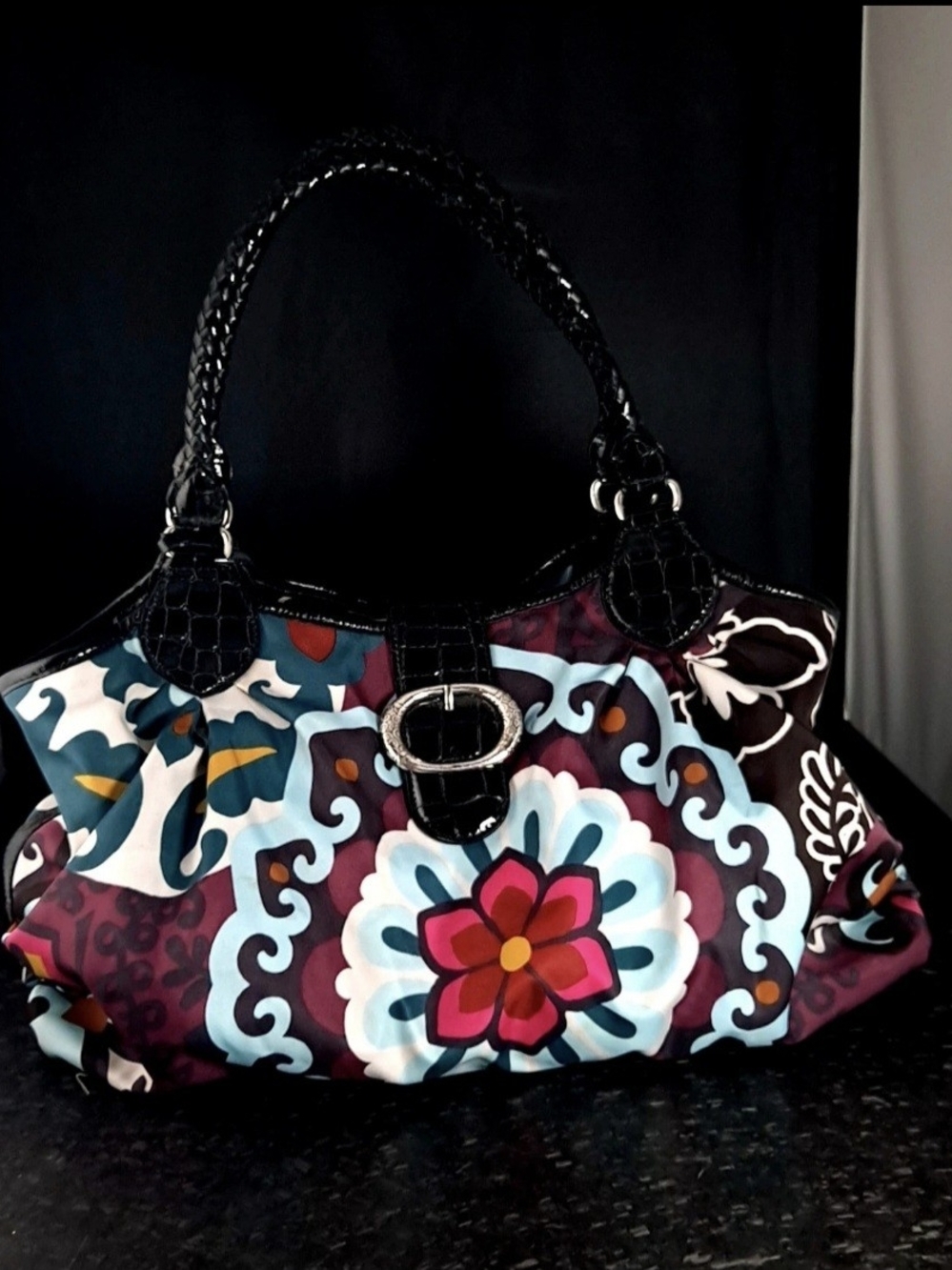 Brighton Black-Trim Floral Shoulder Bag with Teal and Pink Accents